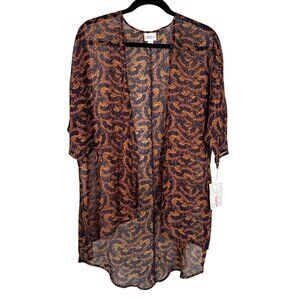 LuLaRoe LINDSAY Kimono Butterfly Wings Navy Blue Gold Yellow 3/4 Sleeves SMALL S